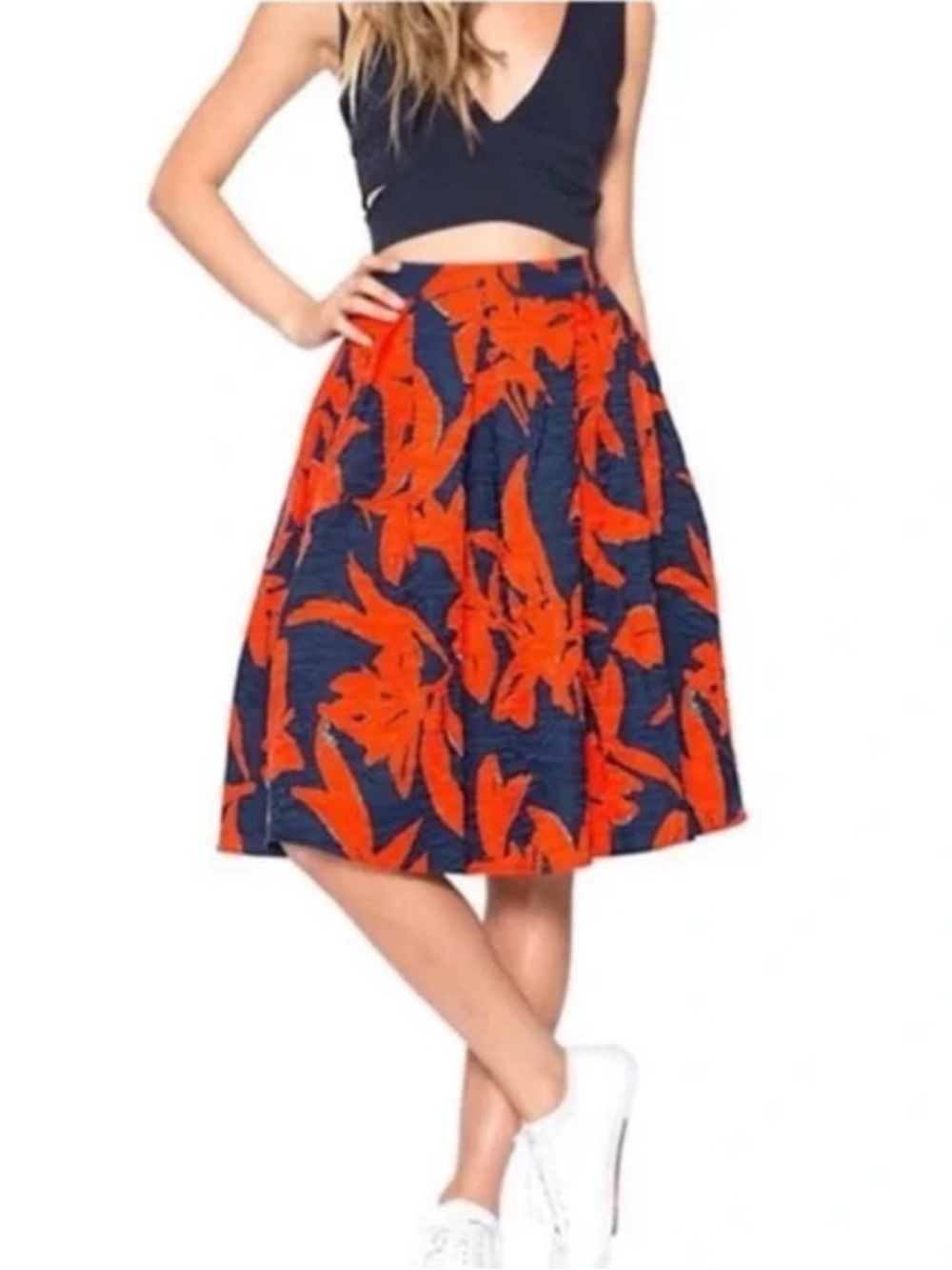 Lucy Paris Navy A-Line Midi Skirt with Bold Orange Floral Print